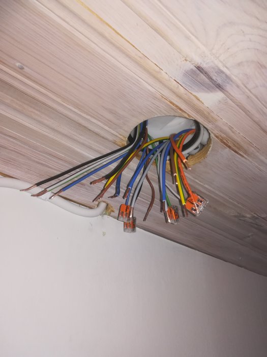 Öppen eldosa med flera färgkodade elkablar som är ordnade med anslutningsklämmor under renovering.