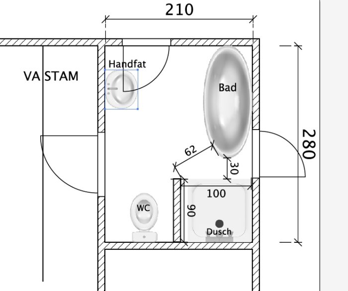 Skiss av en planlösning för ett litet badrum med dusch, badkar, WC och handfat samt måttangivelser.