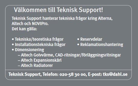 Informationsskylt för teknisk support med kontaktuppgifter och tjänster som erbjuds.