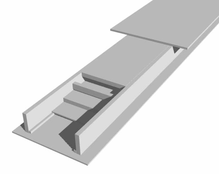 3D-modell av en trappkonstruktion med detaljvisning av steg och sidoprofiler.