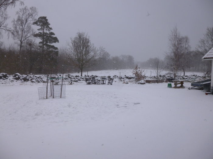 Snötäckt trädgård med trädgårdsmöbler under ett kraftigt snöfall.