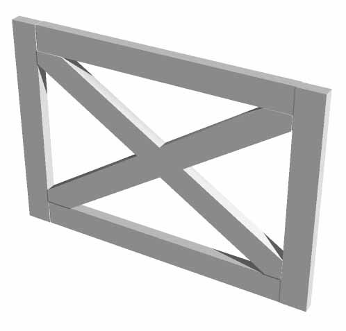 3D-rendering av en robust trägrind med kryssdesign, som illustrerar principer för hållfasthet.