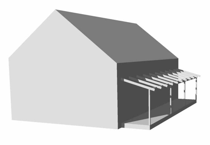 3D-modell av ett hus med en veranda med taklutning som matchar gesimsen.