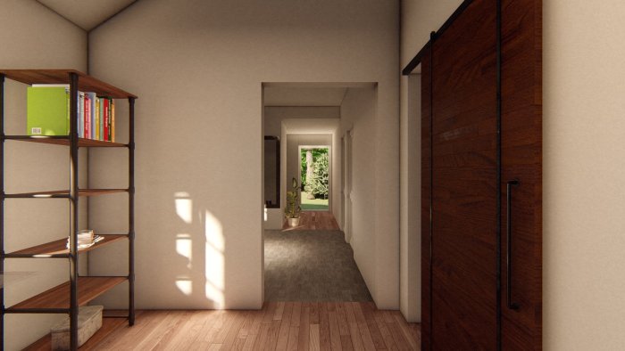 Rendering av ett inomhusperspektiv med öppen dörr ut mot skogen, inrett med bokhylla och växt.