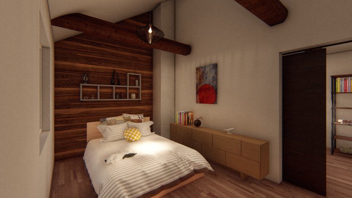 3D-rendering av sovrum med träsäng, trägolv, hängande lampa och konst på väggen.