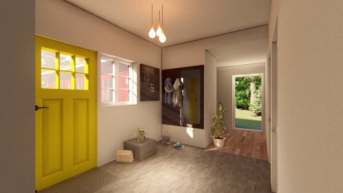 3D-rendering av en hall med gul dörr, spegel, taklampor, och en öppning mot en grönskande trädgård.