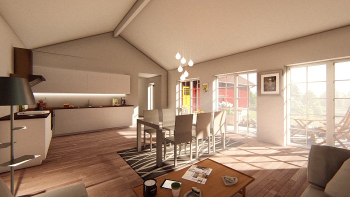 3D-rendering av en ljus vardagsrumsinteriör med matplats, kök och utsikt till en veranda.