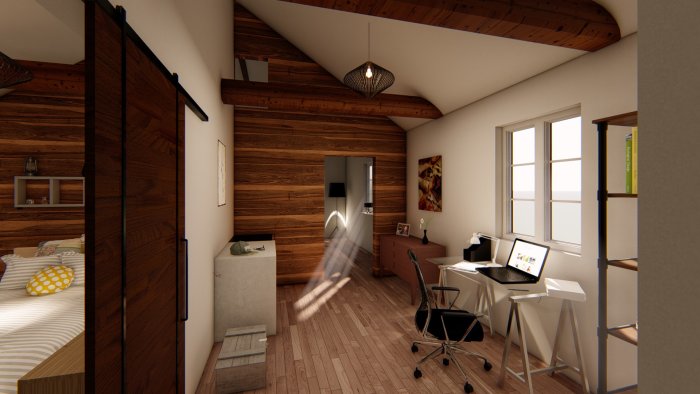 3D-rendering av ett sovrum med kontorshörna, träpanel, skrivbord och öppen passage.