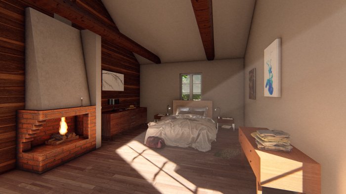 3D-renderad bild av ett sovrum med murad öppen spis, träbjälkar och säng i dagsljus.