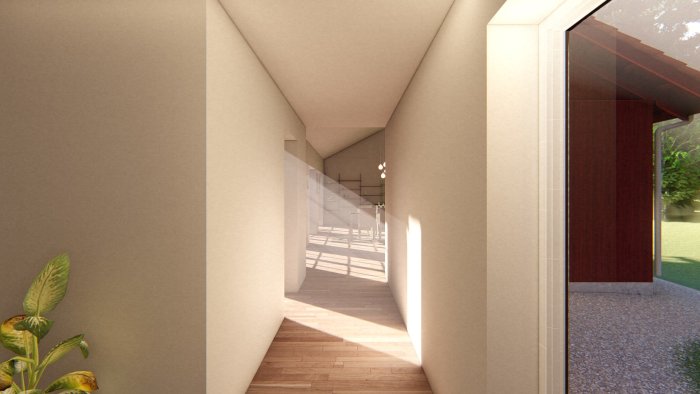 Interiörrendering av en passage i ett hus med trägolv, vitmålade väggar och solljus som strömmar in.
