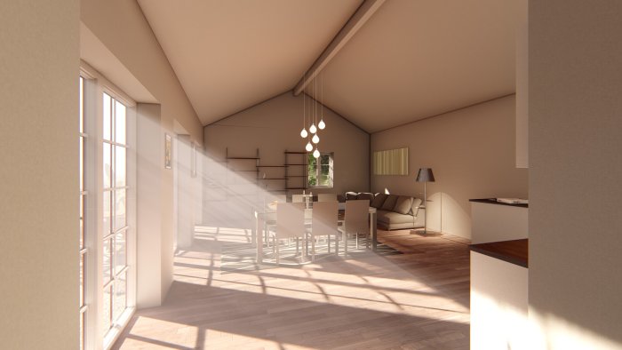 3D-rendering av ett modernt vardagsrum med matplats, soffa, stora fönster och solstrålar på golvet.