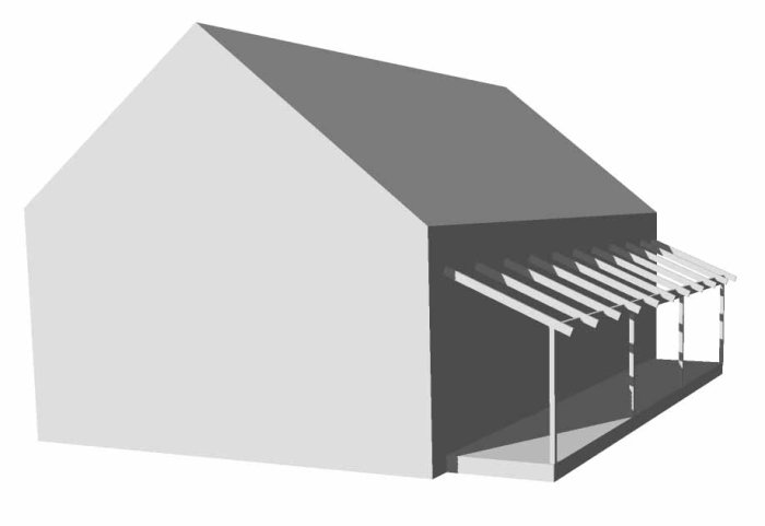 3D-modell av ett hus med tillbyggnad under konstruktion och tak med lutning samt sex stolpar.