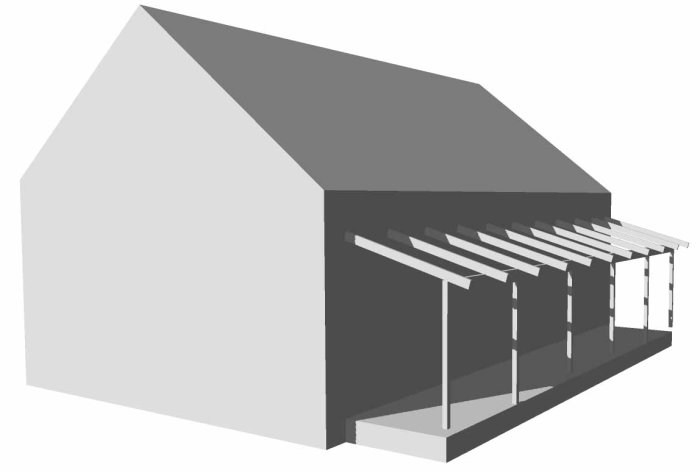 3D-modell av en veranda med taklutning på 15 grader, höjt däck och förlängda stolpar.