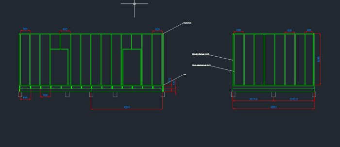 CAD-ritning av väggsektion och grund med dimensioner för byggprojekt.