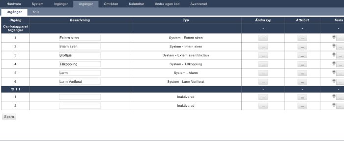 Skärmdump av systeminställningar för en larmcentral med kolumner för utgång, beskrivning, typ, attribut och test.