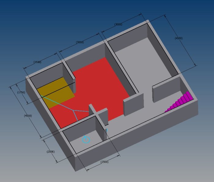 3D-modell av ett planerat badrumsbygge med markerade avloppssträck och nedsänkta områden.