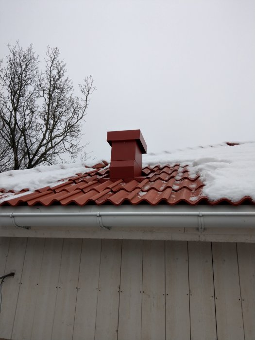 Snötäckt tegeltak med röd skorsten och vit träpanel på husvägg.