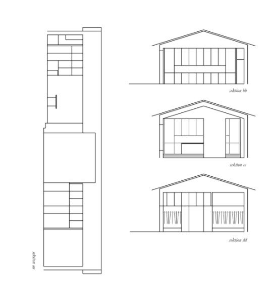 Arkitektritningar av en tillbyggnad till ett hus med olika sektioner och planvy.