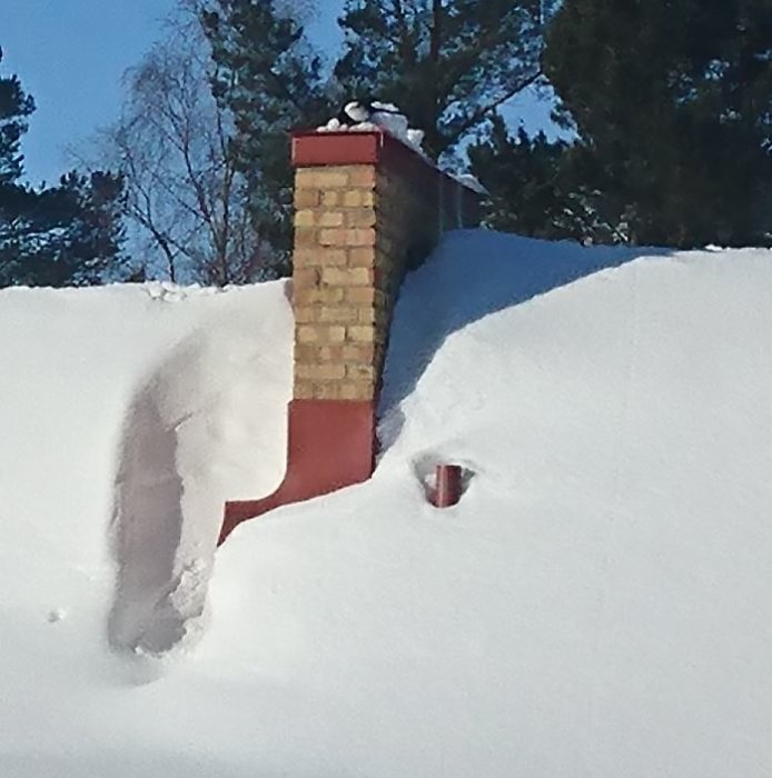 Tegelskorsten sticker upp från tjockt snötäcke under en klar himmel.