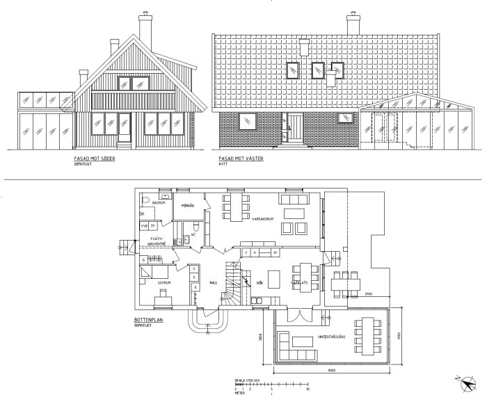 Arkitektritningar av en villa med vinterträdgård och planlösning.