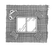 Skiss som visar armering runt ett fönster för att förhindra sprickbildning.