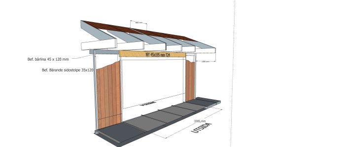 3D-ritning av en träkonstruktion för en överbyggd uteplats med måttangivelser.