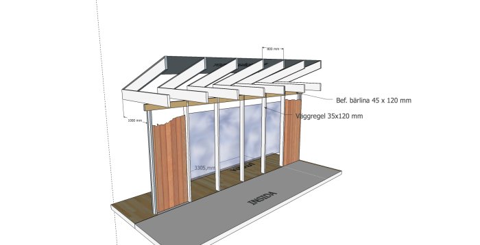3D-ritning av en byggkonstruktion med dimensioner, inklusive träreglar och glaspartier.