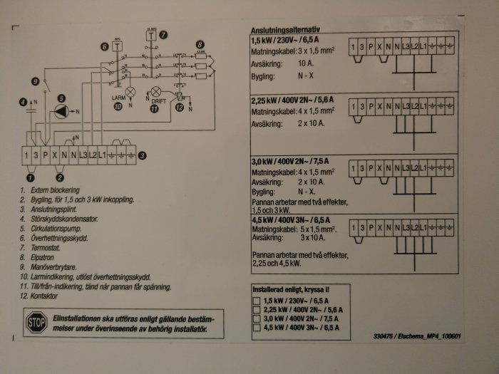 Elektriskt kopplingsschema för en värmebaron elpanna med teknisk data och installationsschema.