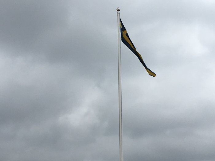 Svensk flaggvimpel vajar på en flaggstång mot en molnig himmel, markerar början på våren.