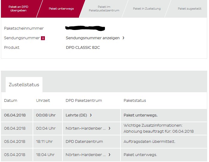 Skärmbild av en paketleveransspårning med statusuppdateringar och datum från DPD fraktföretag.