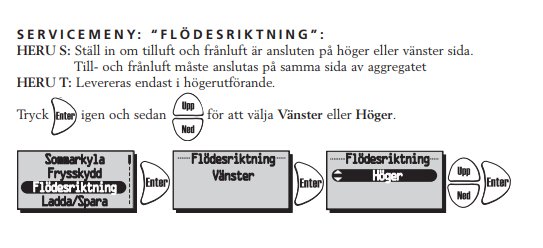 Instruktionsbild som visar hur man ställer in flödesriktning vänster eller höger på en servicemeny.