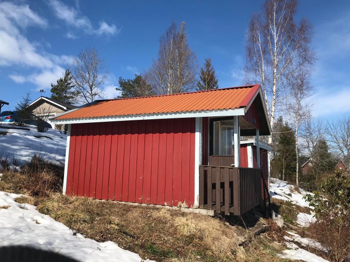 Liten röd gäststuga med plåttak under vårvintern, står på en gjuten platta omgiven av snö och gräs.