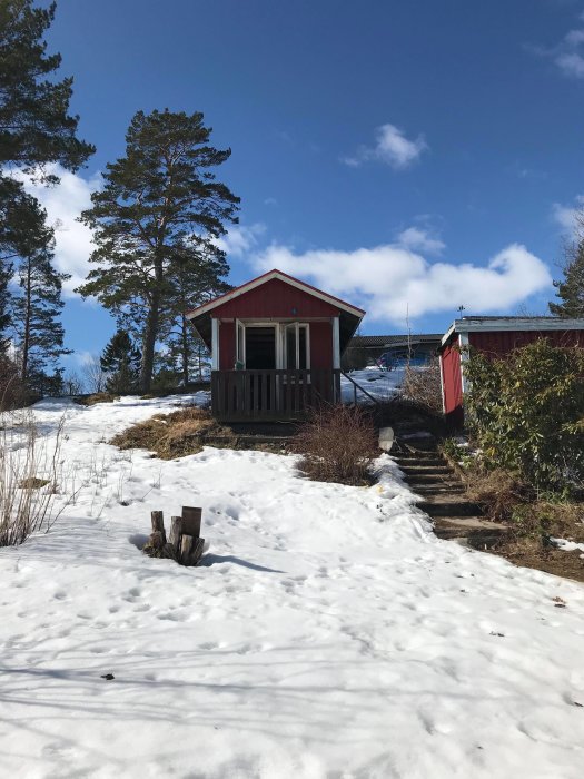 En röd liten gäststuga med veranda i snöig trädgård under blå himmel.