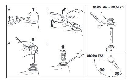 Illustration av steg-för-steg instruktioner för att åtgärda droppande kran med Mora ESS reparationssats.