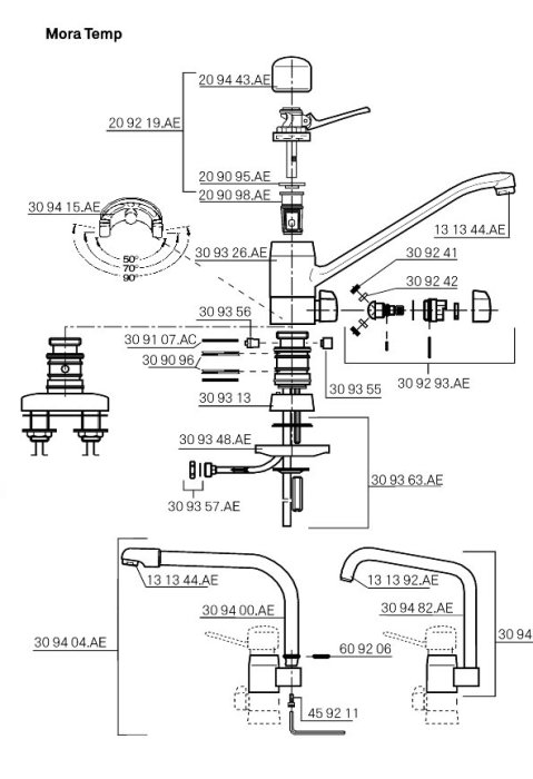 Exploded view diagram of a Mora Temp faucet showing individual components and their placement to assist in maintenance or repair.
