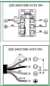 Schematisk illustration av anslutning för en Bosch induktionshäll med tvåfas elsystem och kabelanslutningar.