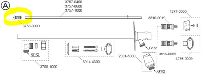 Exploded-view ritning av delar till en FMM vattenutkastare med backventilen inringad i gult.