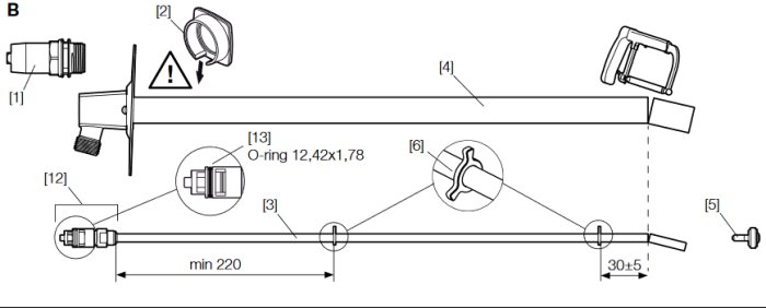 Illustration av FMM 4290 blandarens inre delar med mätningar och numrerade komponenter.