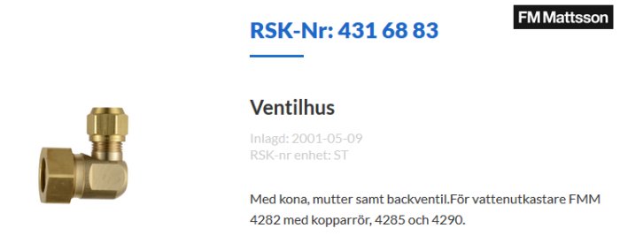 Ventilhus med backventil från FM Mattsson, mässing, för vattennätet, visas mot vit bakgrund.