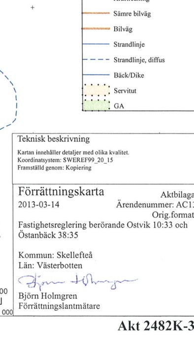 Karta med symbolförklaringar och teknisk beskrivning, text om byggprojekt, signatur av Björn Holmgren.