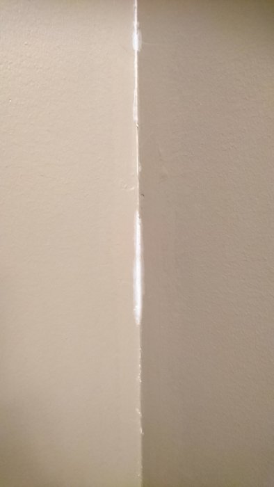 Vägg med misstänkt mögel längs en vertikal fog eller spricka med skiftande nyanser.