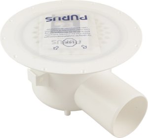 Oöppnad vit Purus golvbrunn med skyddslock och installationsanvisning synlig genom plastficka.