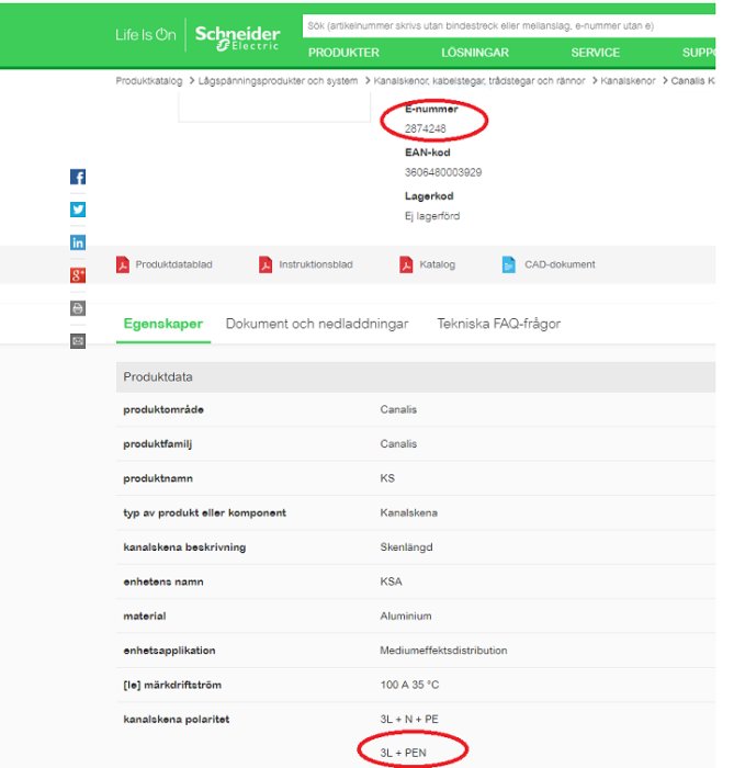 Skärmdump från Schneider Electrics webbsida som visar e-nummer och polaritet för en Canalis strömskena, markerat med rött.