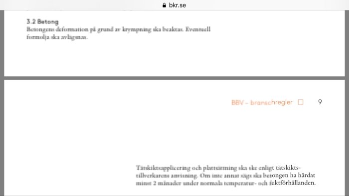 Dokumentutdrag med byggföreskrifter angående betonghärdning och plattsättning från BBV - branschregler.
