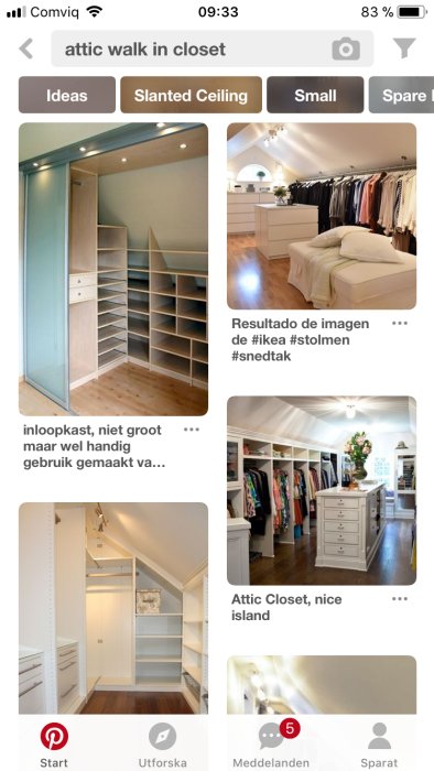 Skärmdump av Pinterest-sökresultat för "attic walk in closet" med bilder på olika vindsförvaringslösningar.