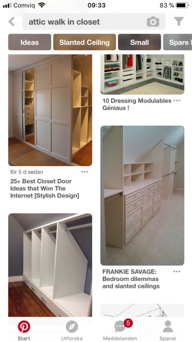 Skärmbild av Pinterest-sökning visar idéer för vindsförråd med snedtak.