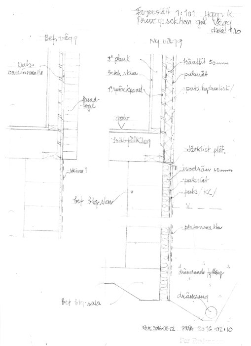 Handritad skiss över väggkonstruktion med anvisningar för isolering och putsning.