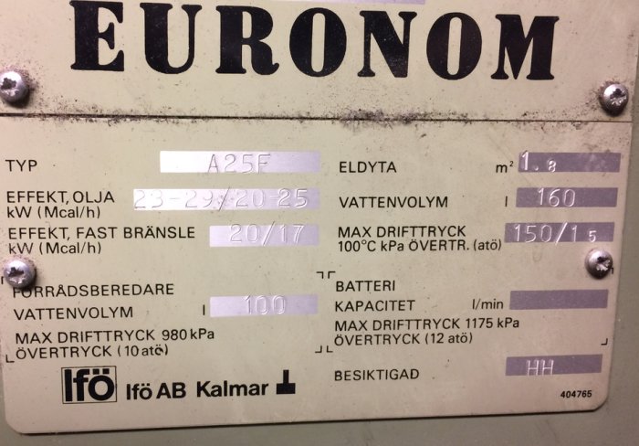 Märkskylt för kombipanna som visar tekniska specifikationer inklusive effekt och volym.
