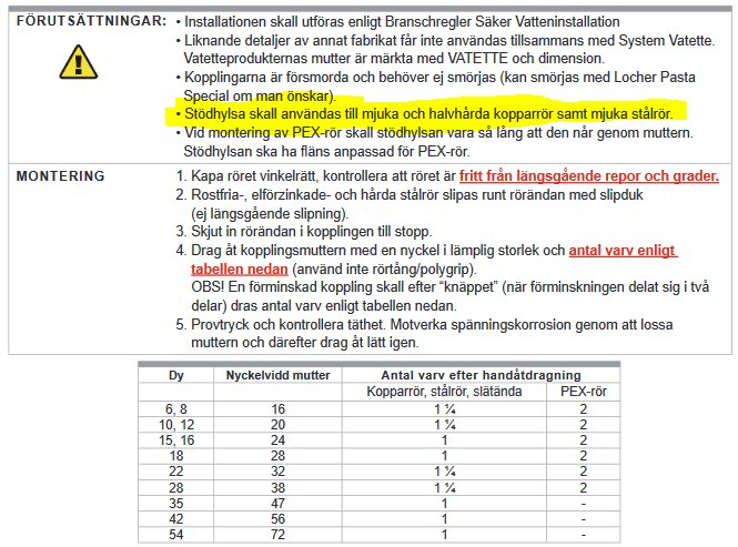 Skärmbild av en installationsanvisning med varningssymbol och tabell för antal varv och nyckelvidd vid montering av klämringskopplingar.