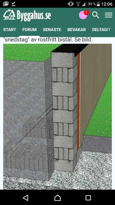 Illustration av Leca-block konstruktion med snedstag av rostfritt stål och dess förankring i fundamentet.